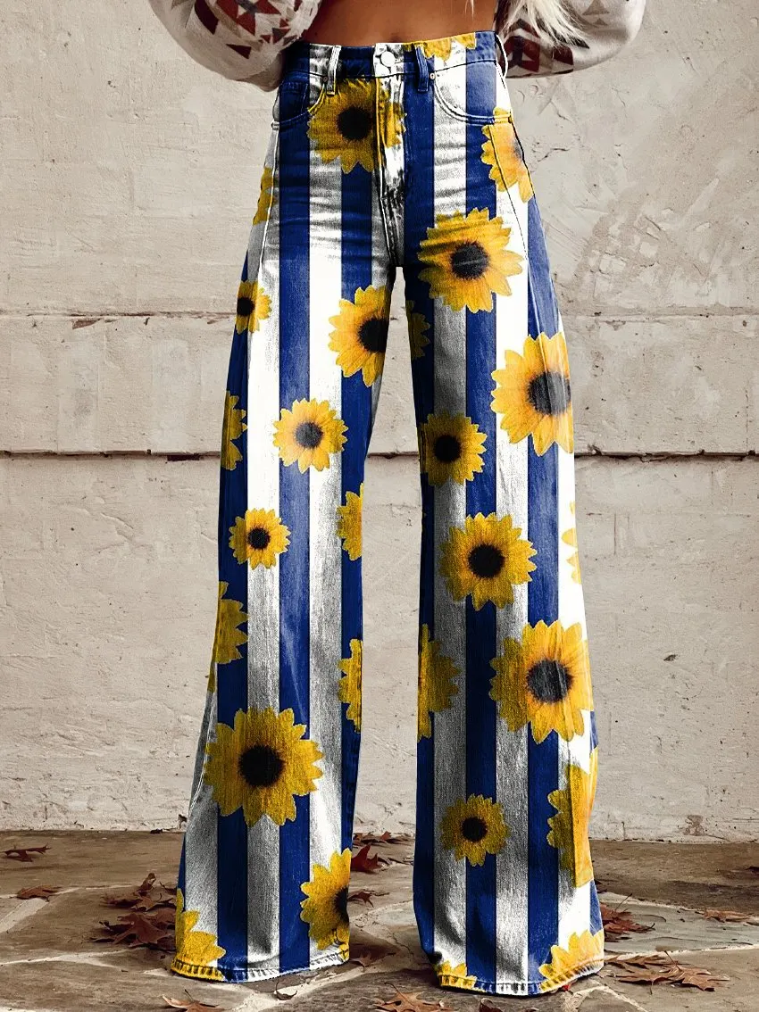 Sunflower Stripes Print Women's Print Casual Wide-Leg Pants