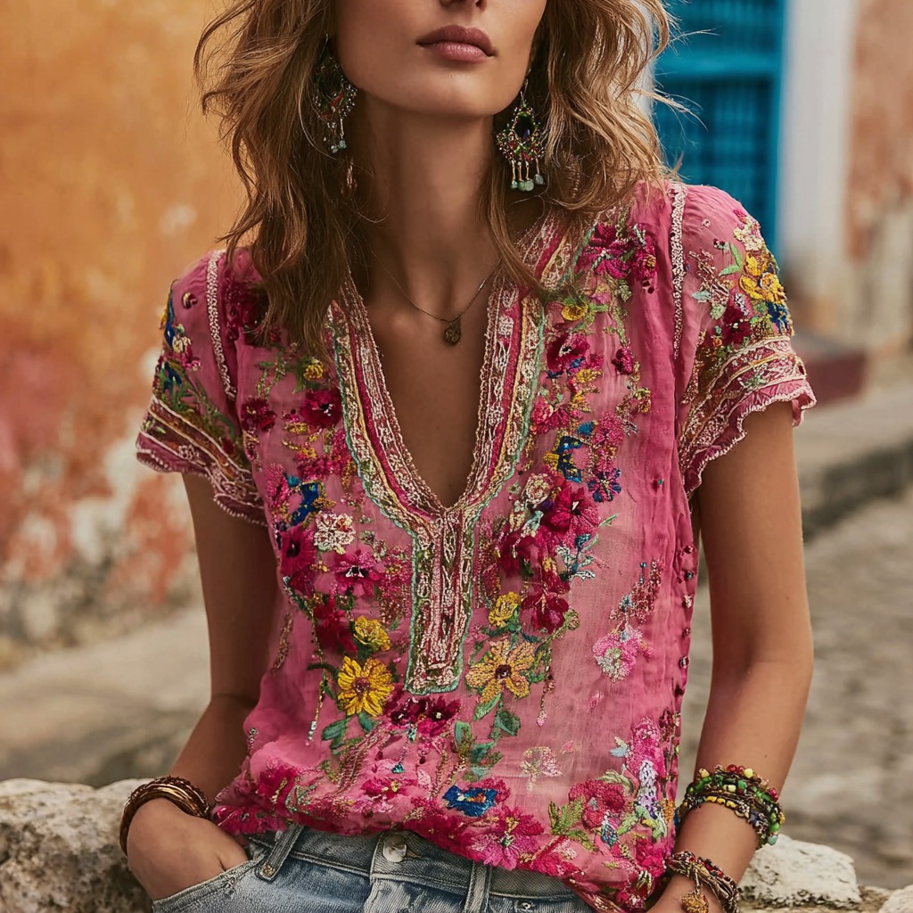 Women's Bohemian Floral Embroidered V-neck Linen T-shirt