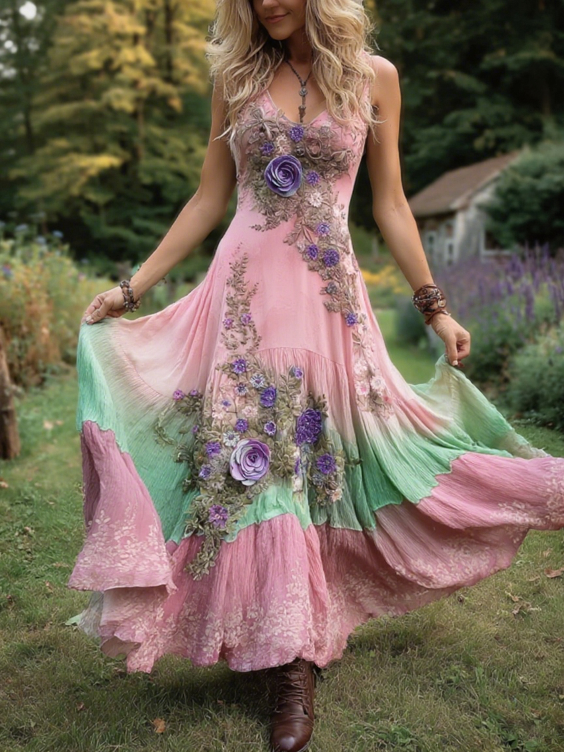 Classy Gradient Purple Lavender And Floral Embroidered Maxi Dress