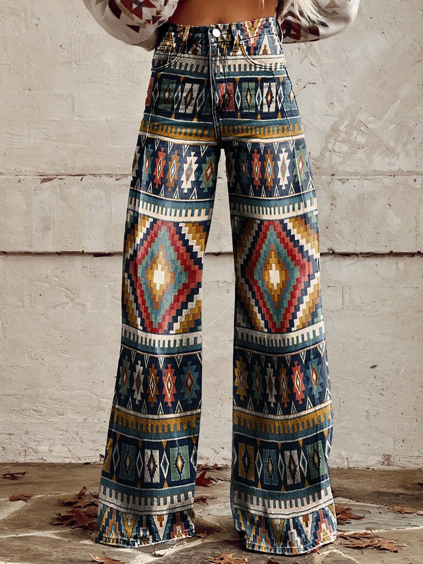 Vintage Geometric Pattern Print Casual Wide-Leg Pants