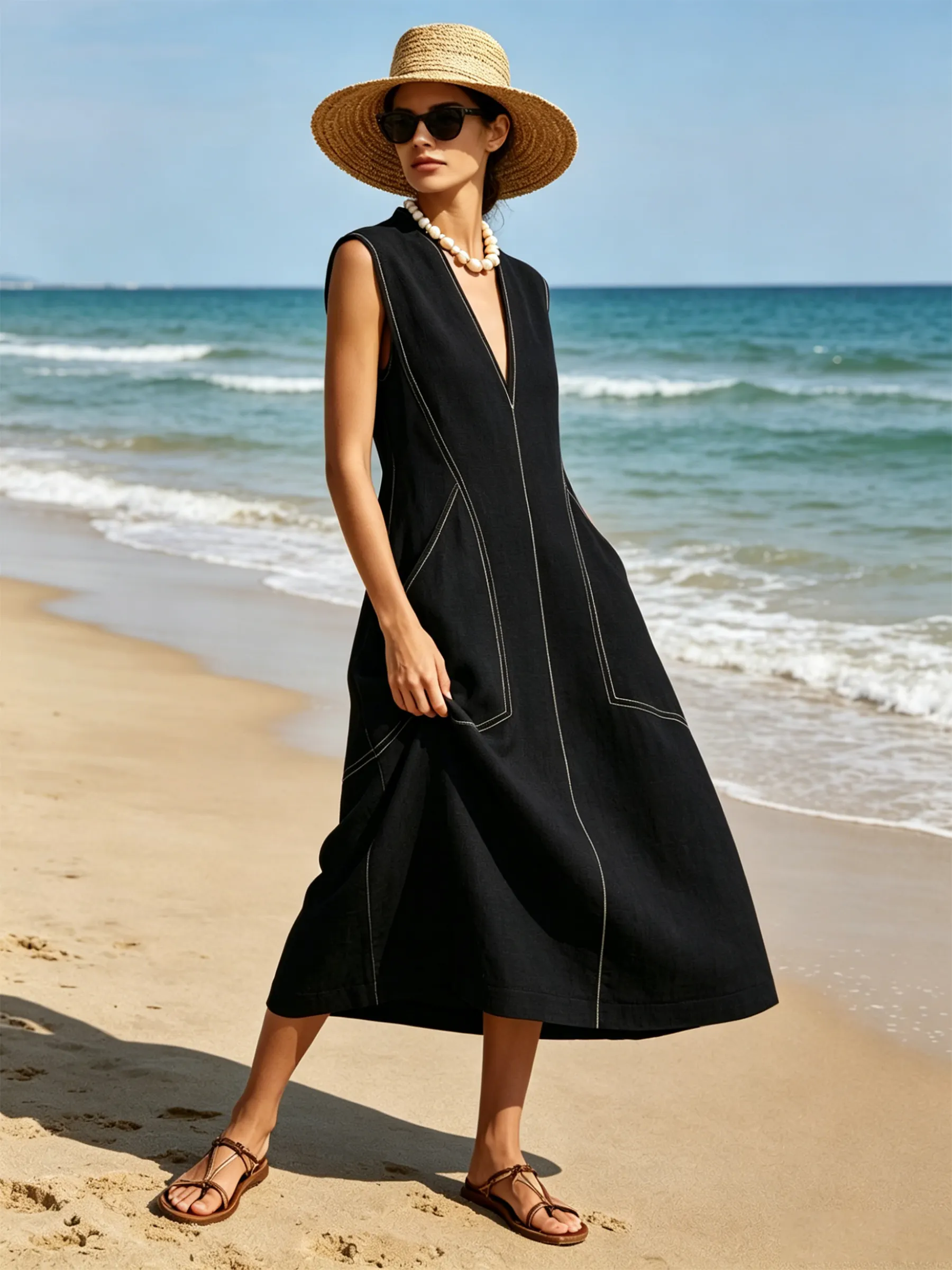 Black -Blend Contrast Stitch Sleeveless Midi Dress