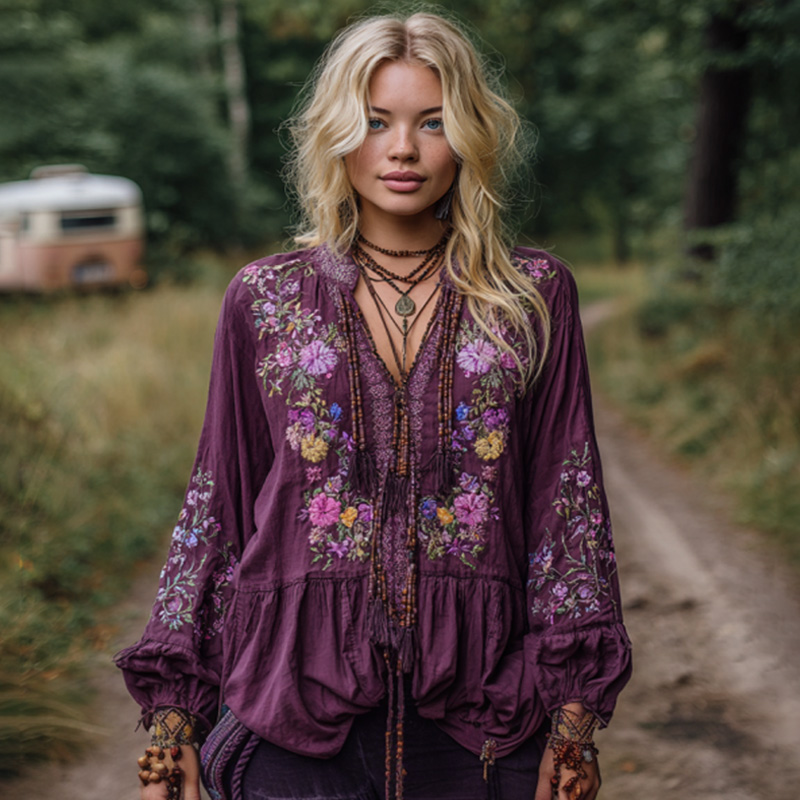Women's Casual Purple Floral Embroidered Long Sleeve Shirt