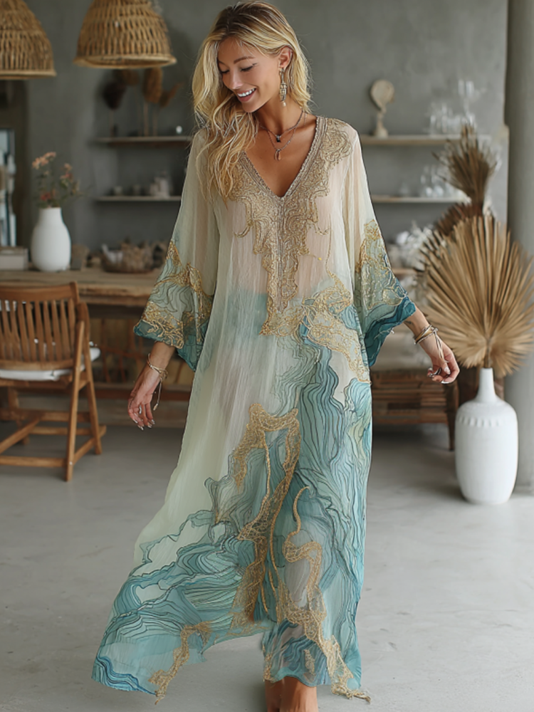 Vintage Marble Texture Collection Retro Bohemia Women Style Gradient Gilded Pattern Maxi Dress