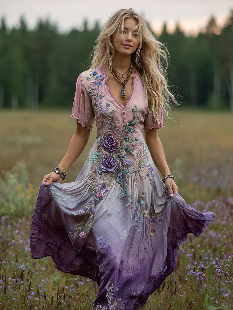 Bohemian Floral Art Gradient Linen Maxi Dress