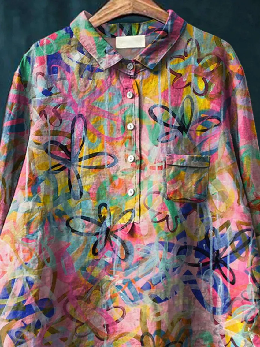 Graffiti Style Meadows Floral Printed Women's Casual Cotton & Linen Shirt