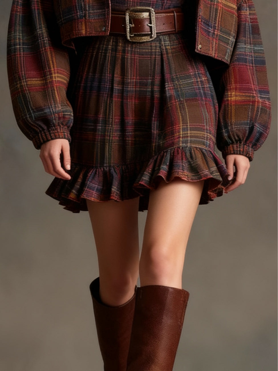 Vintage Plaid Ruffle Mini Dress and Loose Jacket Set
