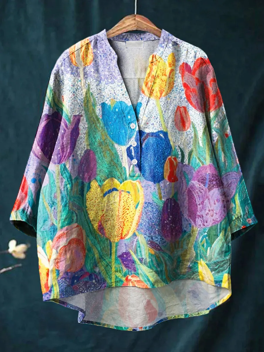 Beautiful Colorful Tulip Flowers Painting Art Print Casual Cotton & Linen Ruffle Shirt