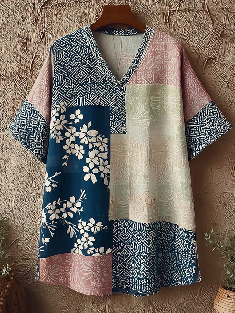 Japanese Art Retro Geometric Patchwork Plant Flower Print Women's V-neck Cotton & Linen Top