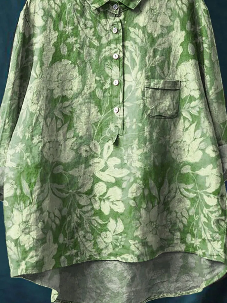 Vintage Floral Art Print Casual Cotton & Linen Shirt