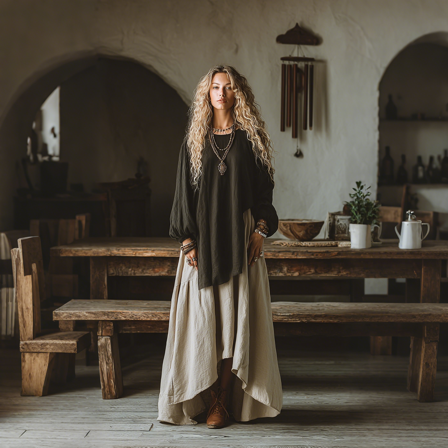 Elegant Round Neck Color-blocked Long-sleeved Oversized Comfortable And Breathable Dress