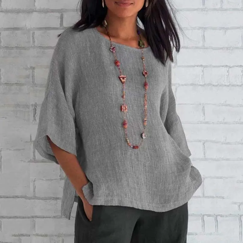 3/4 Sleeve Round Neck Cotton & Linen T-Shirt