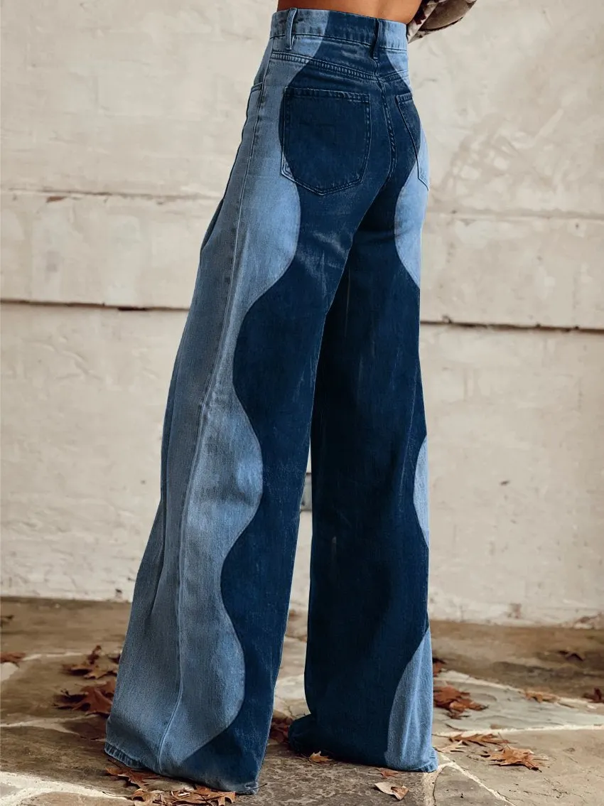 Wavy Denim Pattern Print Casual Wide-Leg Pants
