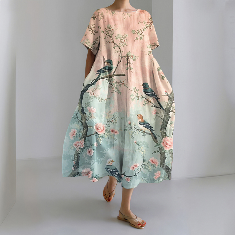 Casual Japanese Floral & Bird Gradient Art Print Dress