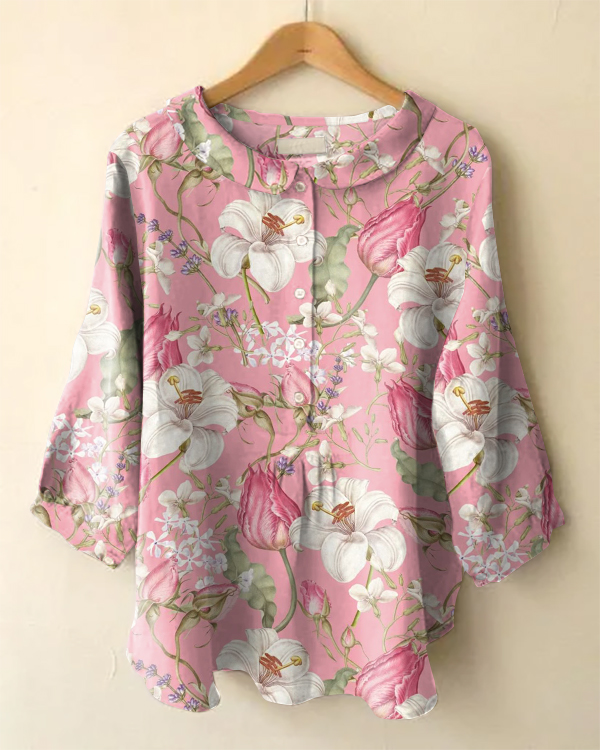 Vintage Long Sleeve Peter Pan Collar Floral Print Shirt