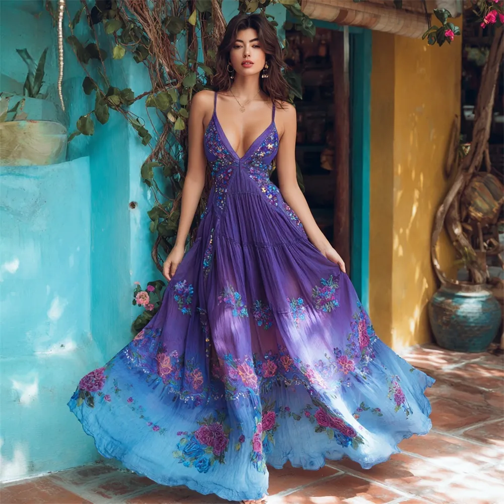 Boho Sequin Floral Embroidery Gradient Women's V-neck Spaghetti Strap Maxi Dress