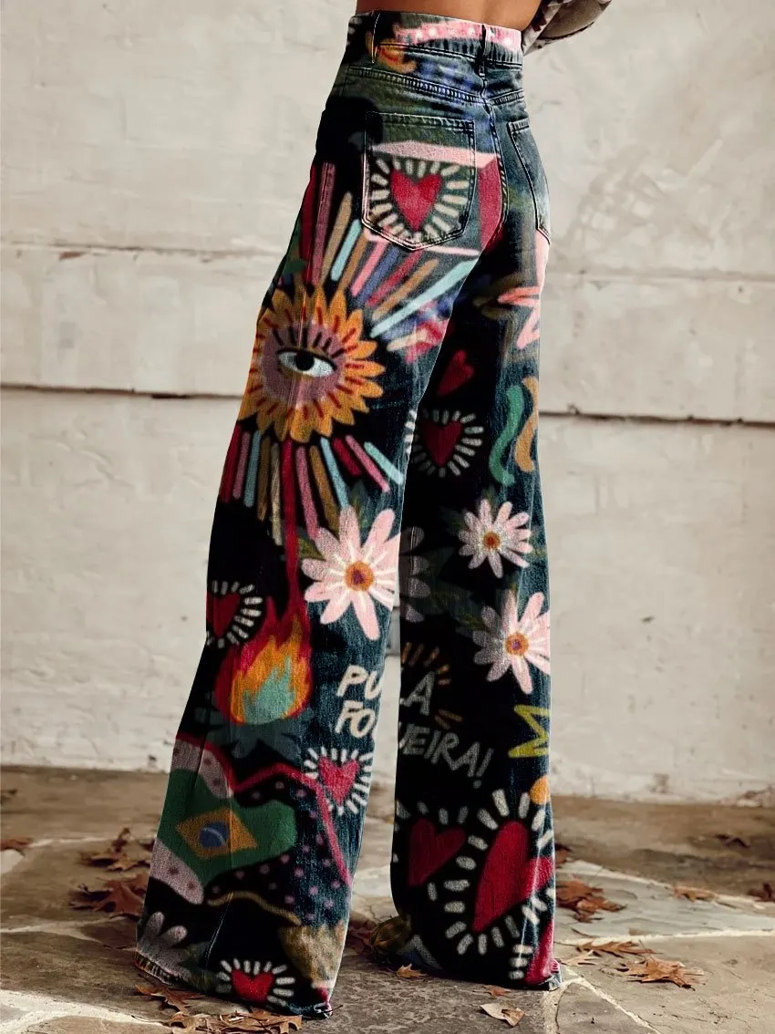 Vintage Hand Drawn Art Print Casual Wide-Leg Pants
