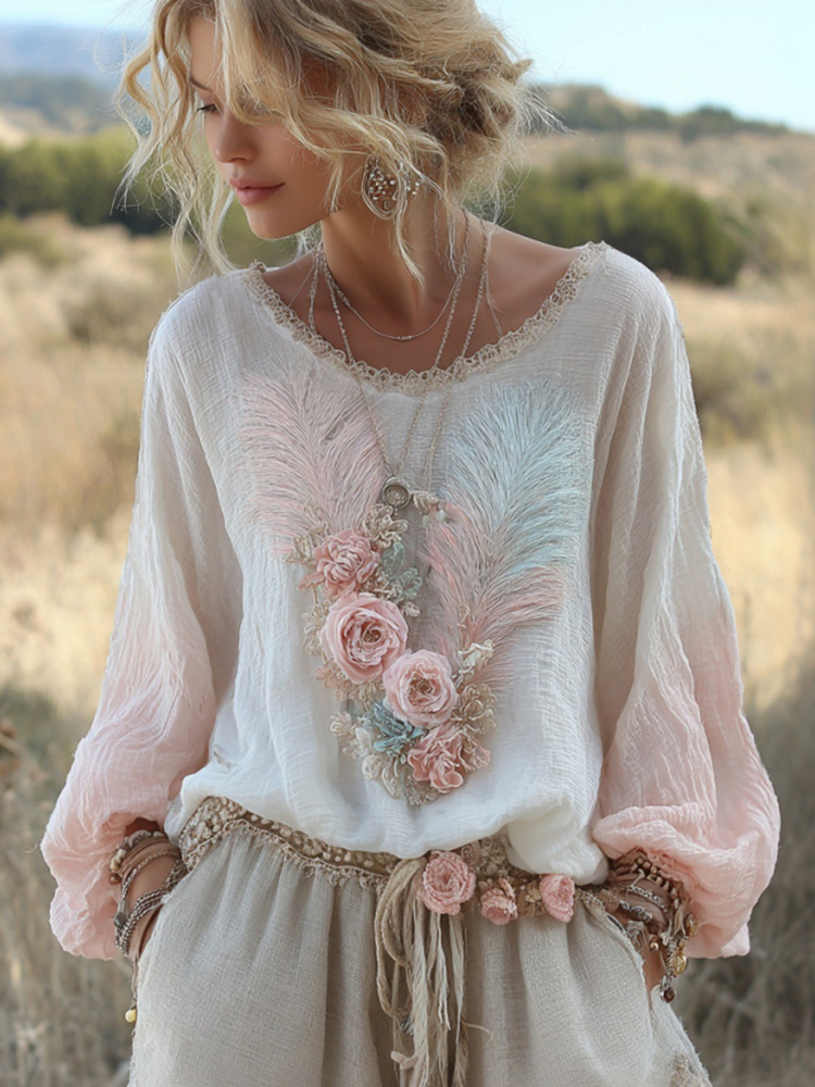 Feather Floral Embroidery Linen Crew Neck T-shirt