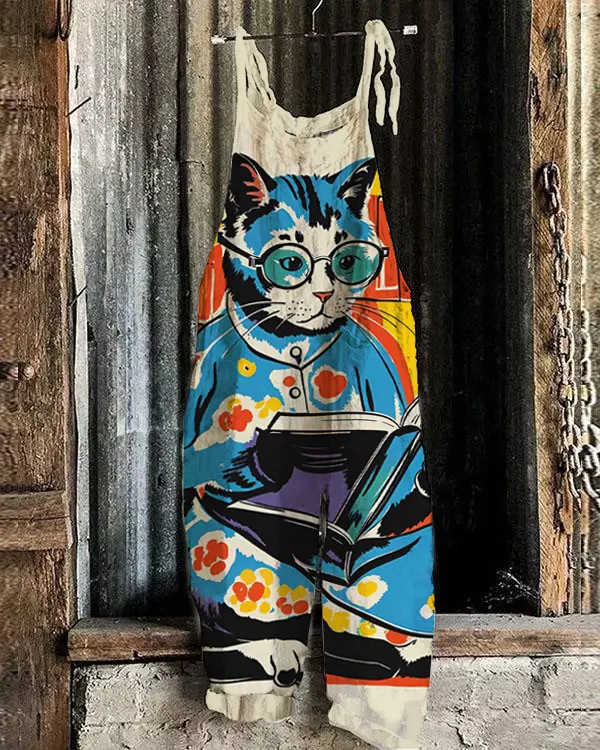 Colorful Cat Books Lover Print Casual Jumpsuit