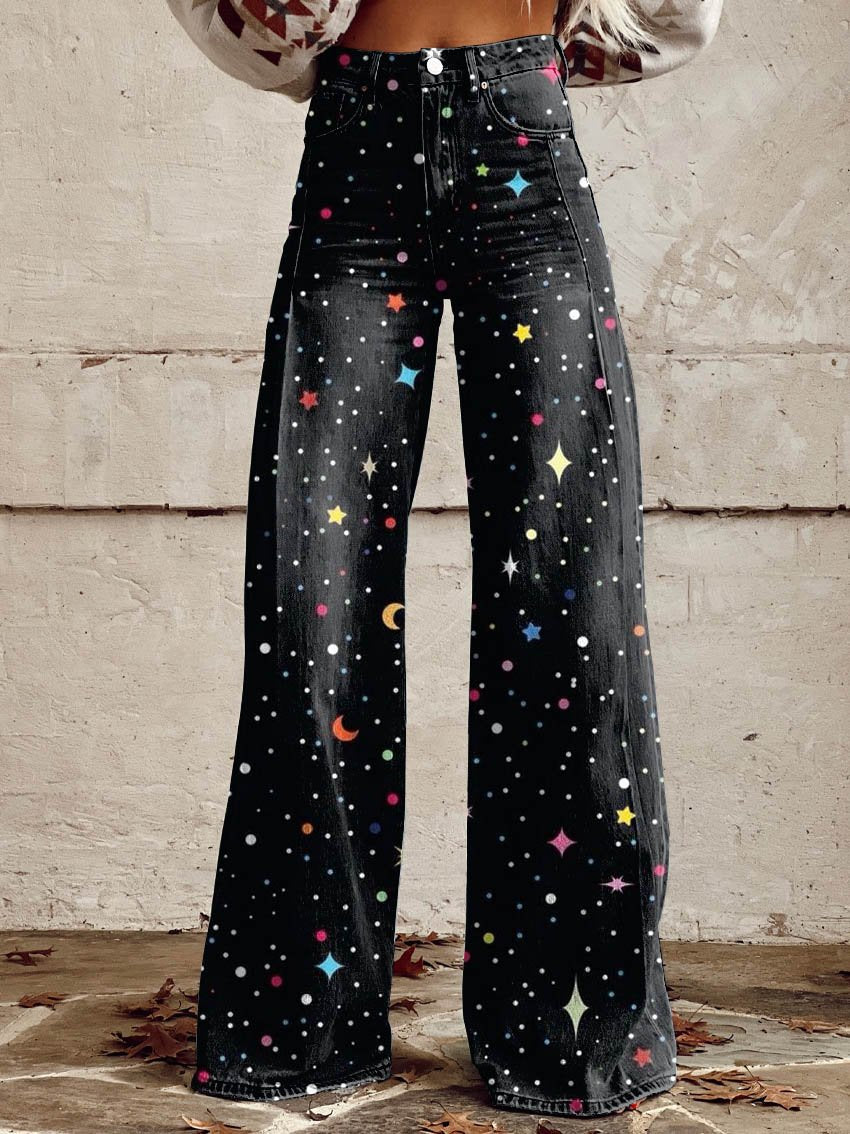 Black Color Stars & Moon Print Casual Wide-Leg Pants