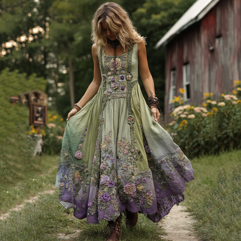 Classy Gradient Purple Lavender & Floral Embroidered Linen Maxi Dress