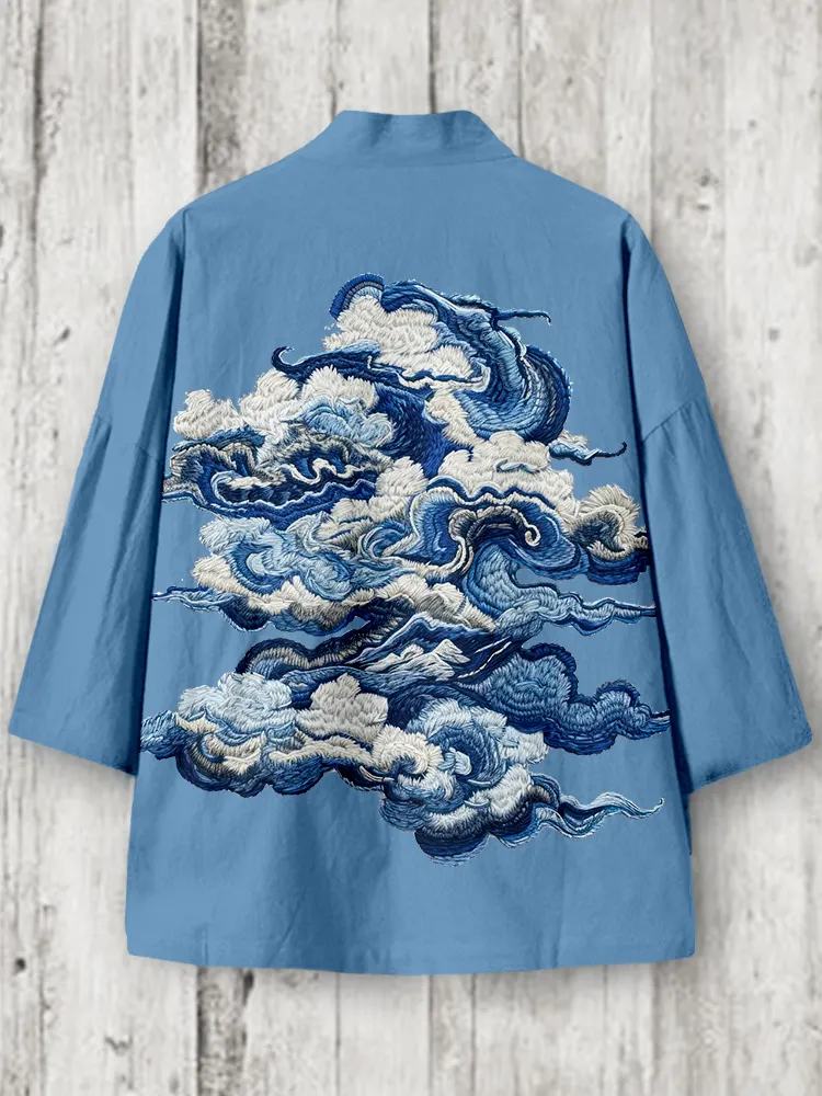 Men's Japanese Cloud Embroidered Linen Blend Kimono Cardigan