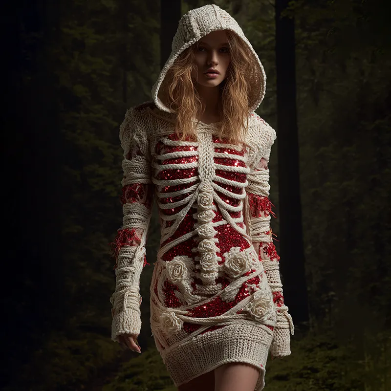 Women's Halloween Anatomy Bandage Rose Sequin Art Cozy Knit Hooded Sweater Dress