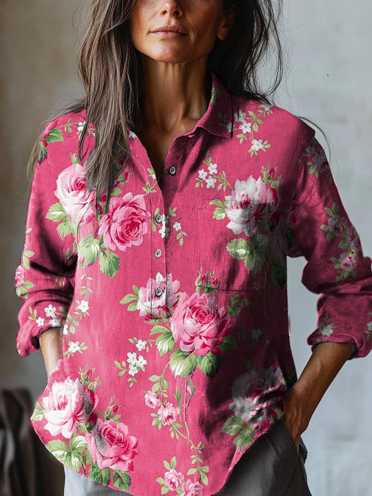 Pink Rose Print Casual Cotton & Linen Shirt