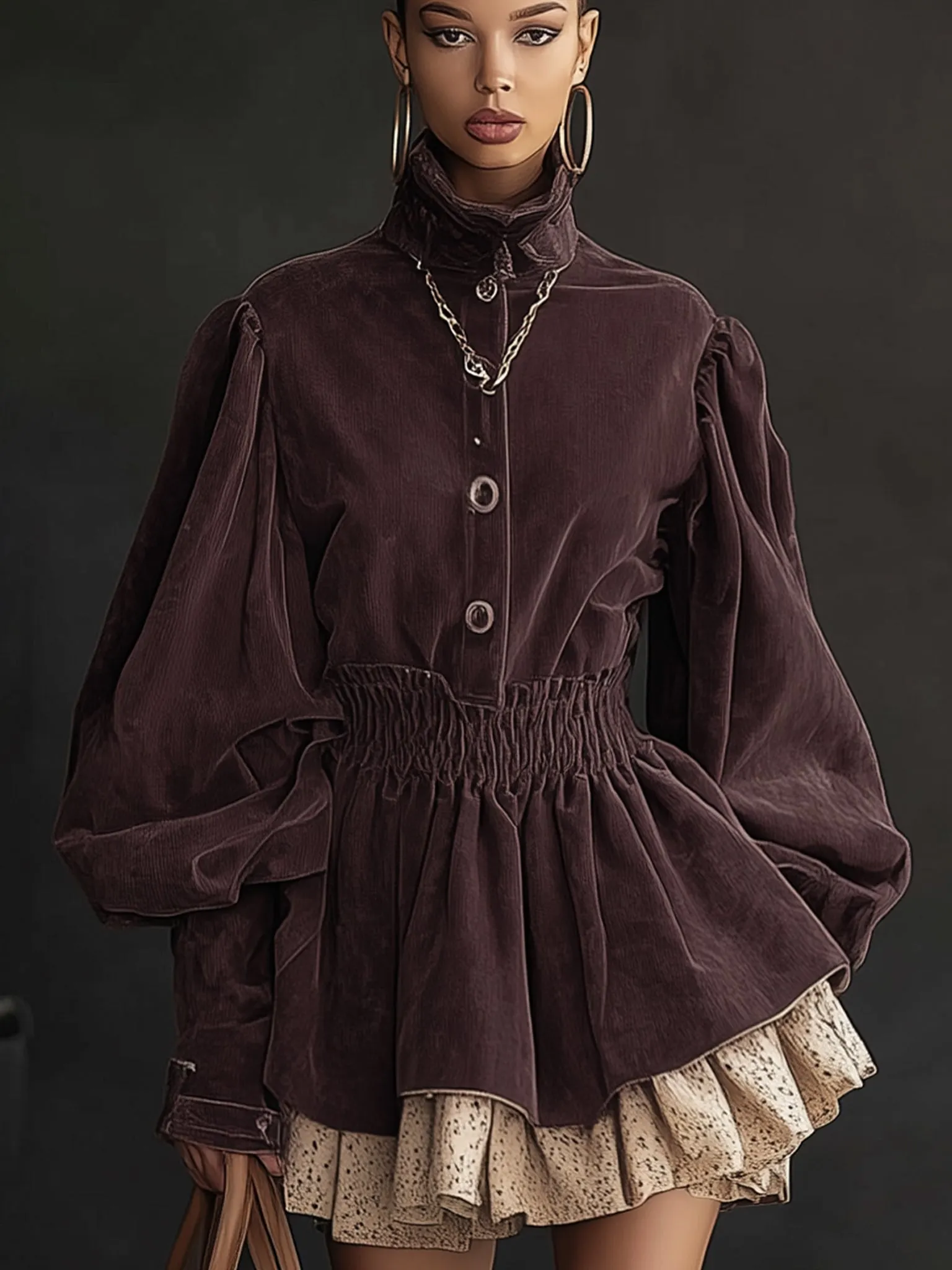Dark Purple Velvet Lace Trimmed Turtleneck Long Sleeve  Mini Dress