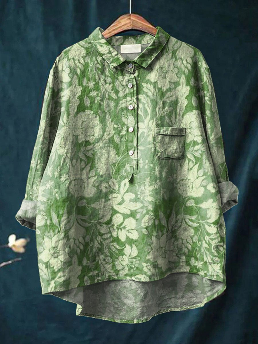 Vintage Floral Art Print Casual Cotton & Linen Shirt