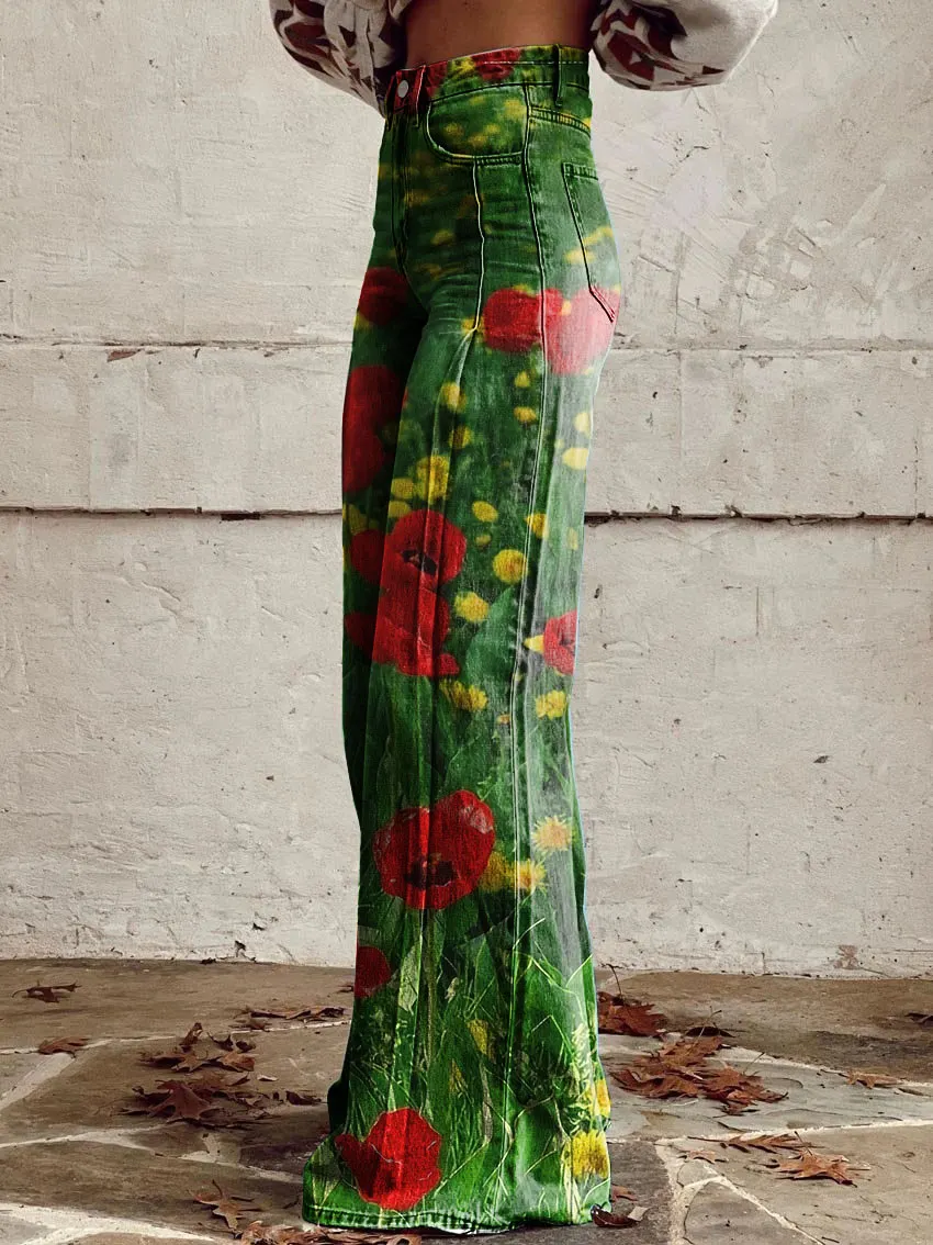 Retro Poppy Print Casual Wide-Leg Pants