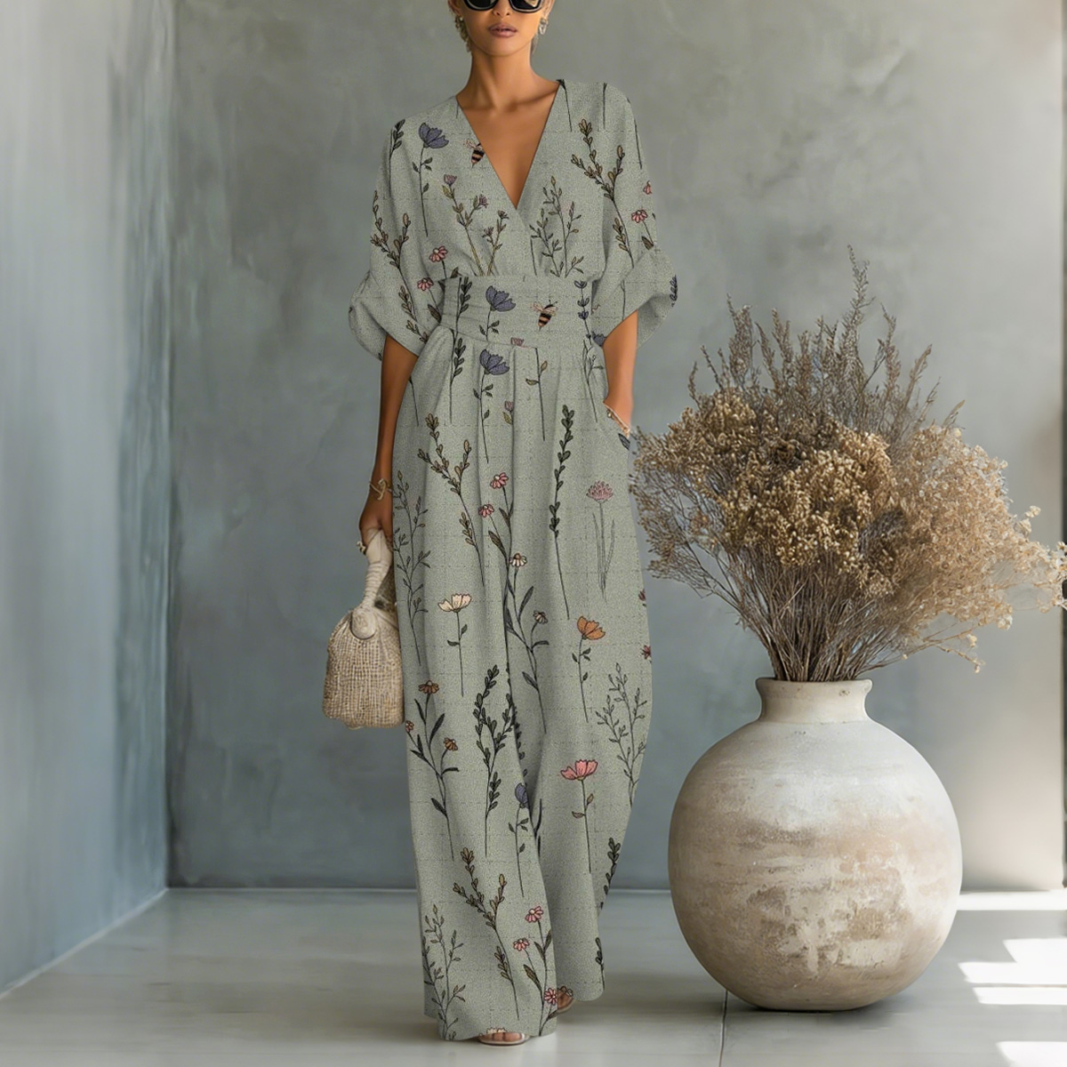 Vintage Floral-Print Tight-Waisted Jumpsuit