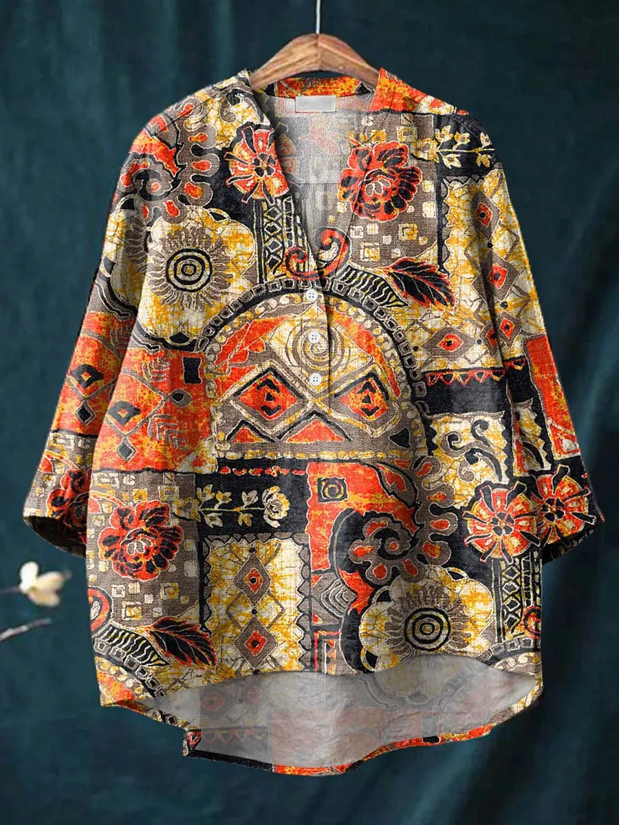 Vintage Floral Art Print Casual Cotton & Linen Shirt