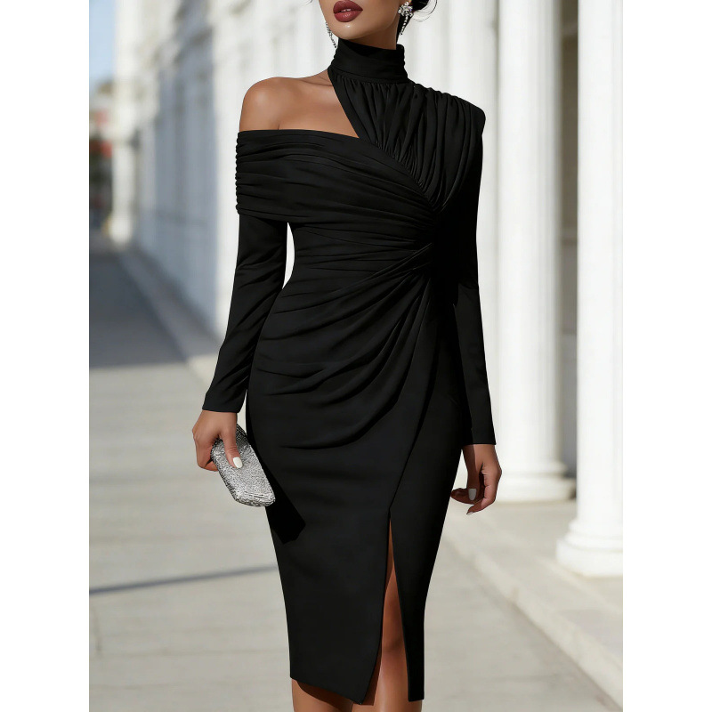 White Asymmetric Draped High-Neck One-Shoulder Midi Dress