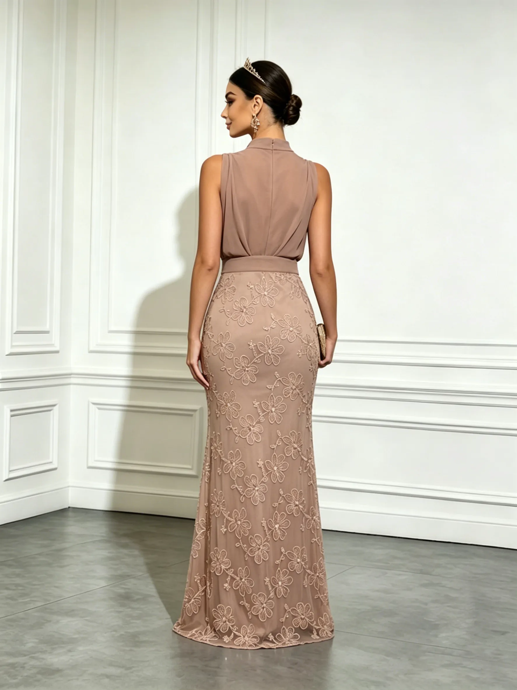 Light Brown Jacquard Ruched Classic Mock Neck Sleeveless Mermaid Gown