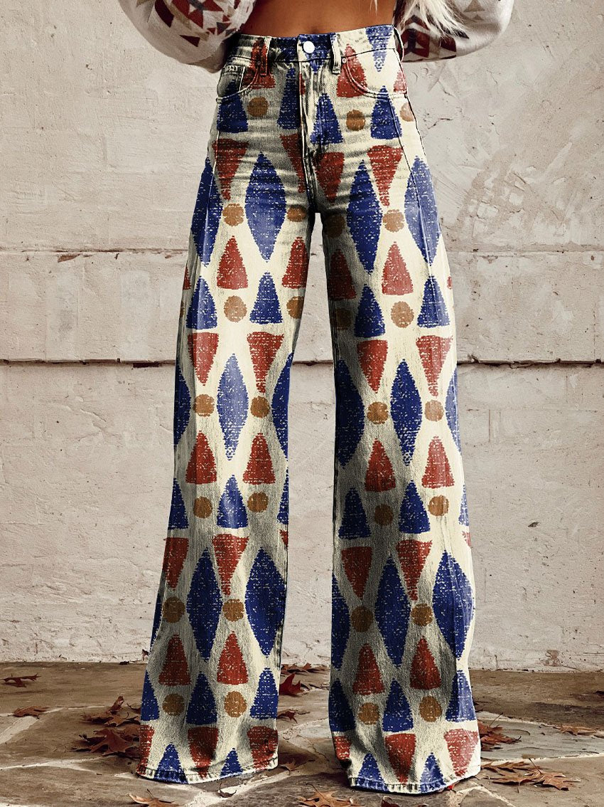 Vintage Print Casual Wide-Leg Pants