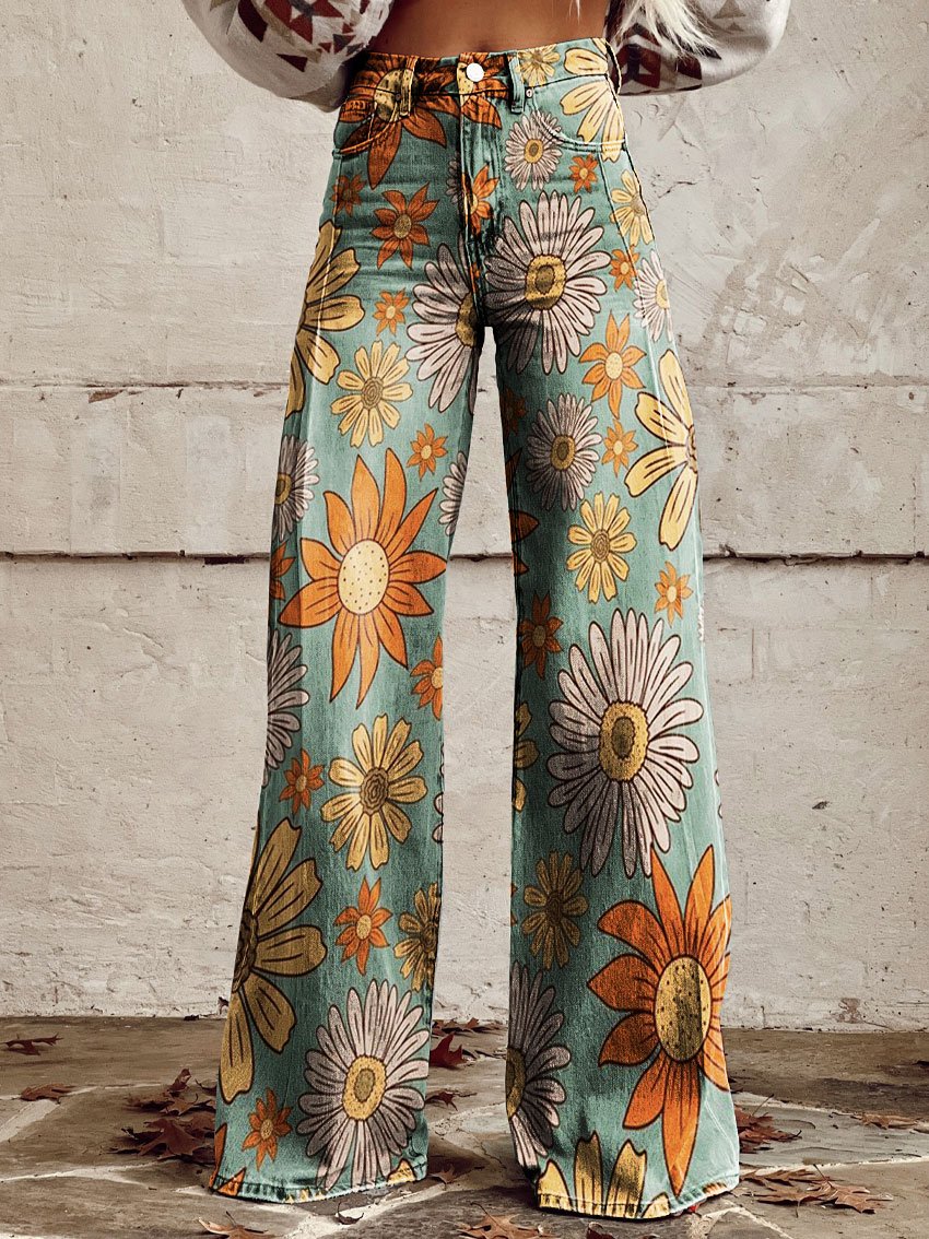 Vintage Floral Daisy Print Casual Wide-Leg Pants