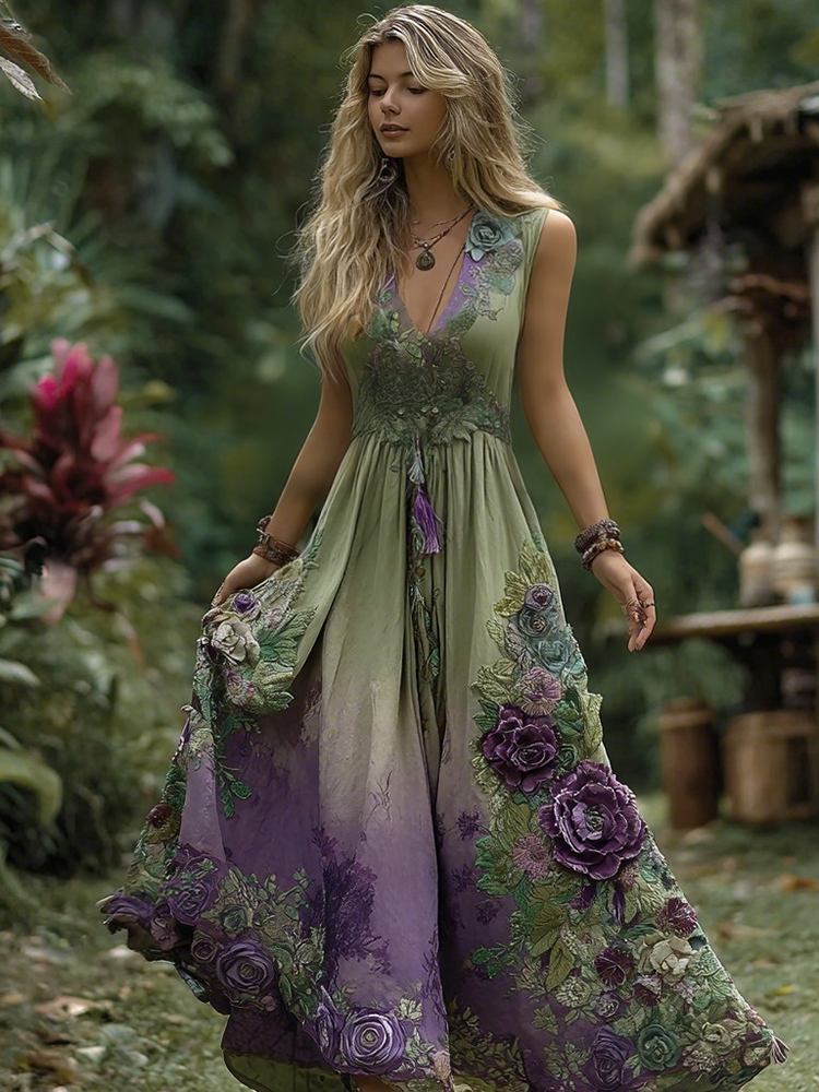 Vintage Purple Gilded Rose Embroidery Sleeveless V-neck Dress