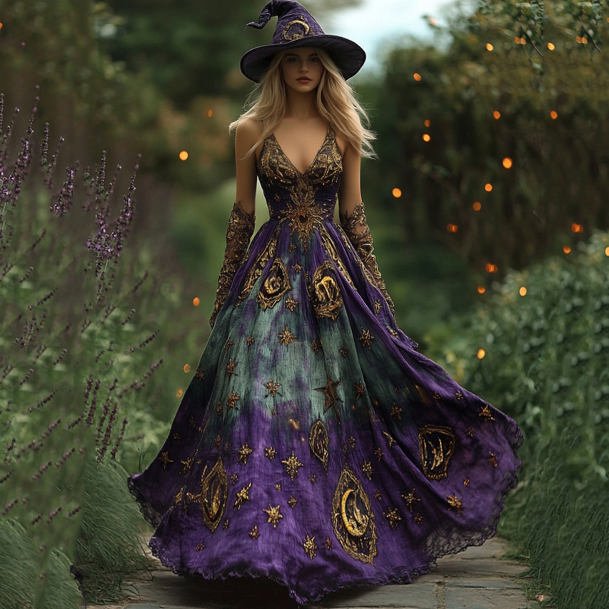 Bohemian style Tie-dye Star And Moon Embroidered Gradient Witch Maxi Evening Dress