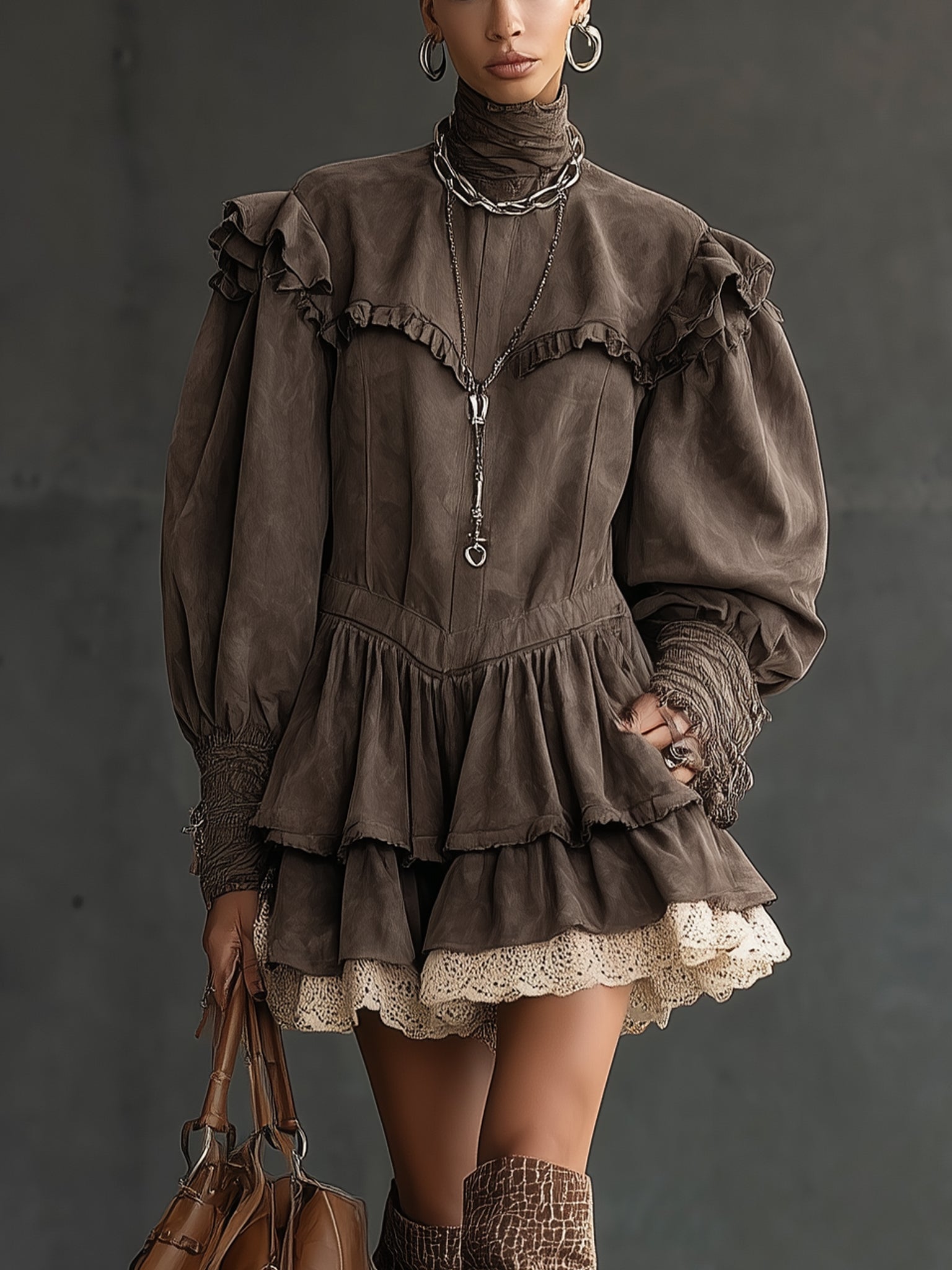 Vintage Brown Faux Suede Ruffled Lace Hem Long Sleeve Mini Dress
