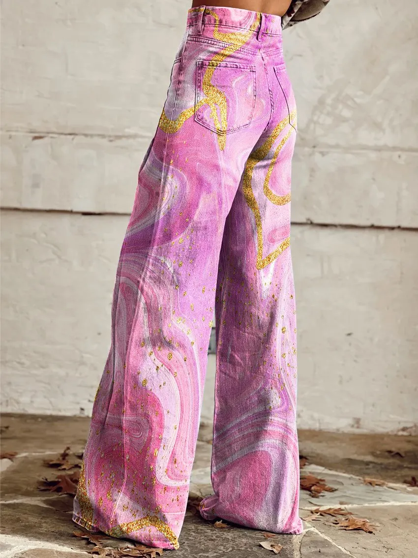 Pink Texture Print Casual Wide-Leg Pants
