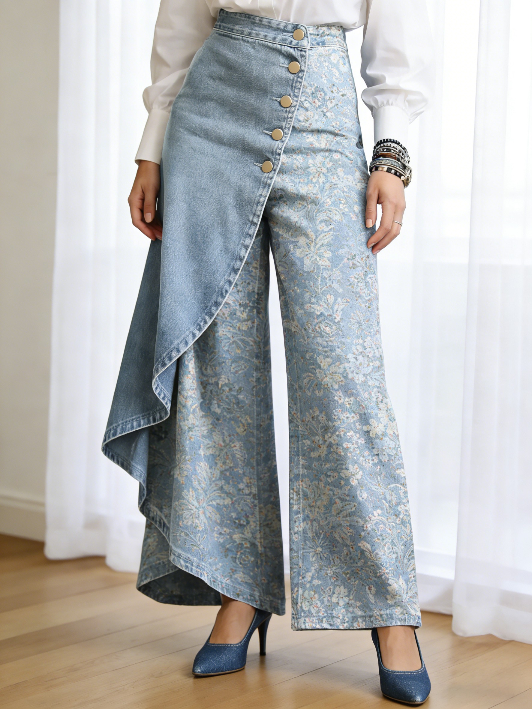 Art Print Casual Washed Denim Cotton Pants