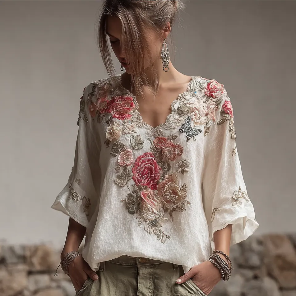 Bohemian Style V-neck Butterfly And Flower Embroidery Cotton And Linen Top