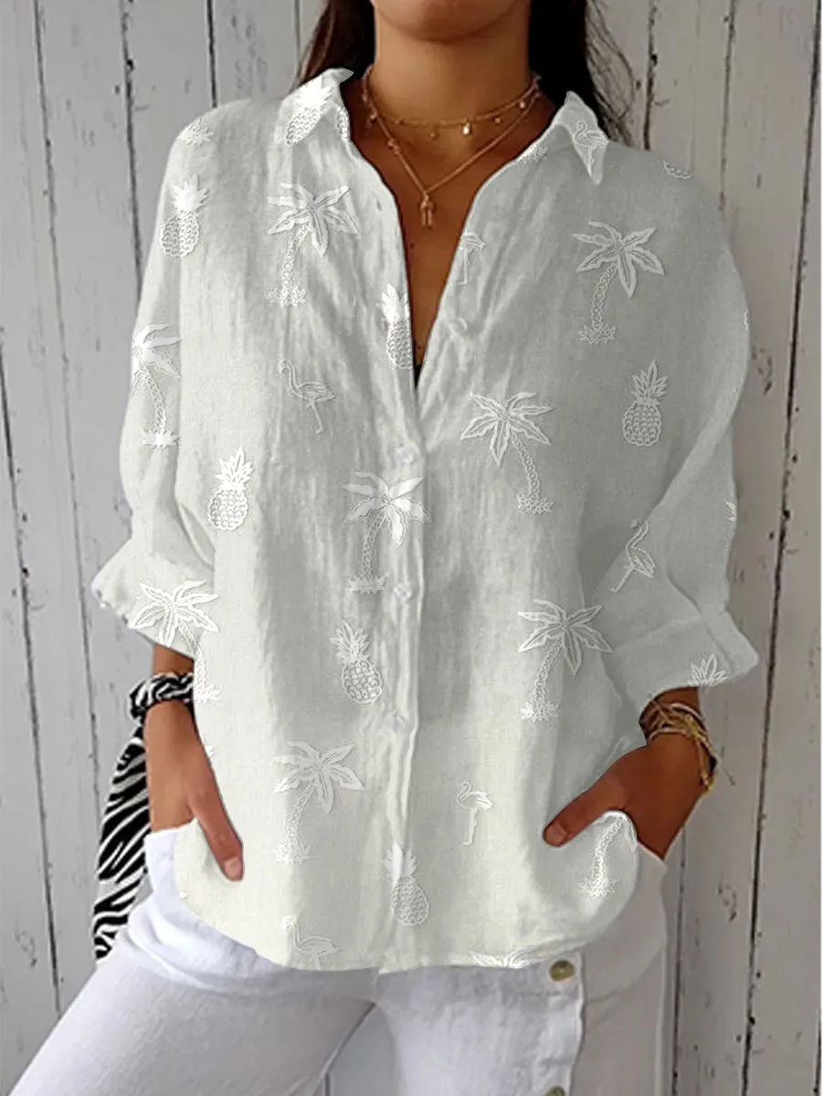 Vintage Flower Art Print Casual Linen V-neck Shirt