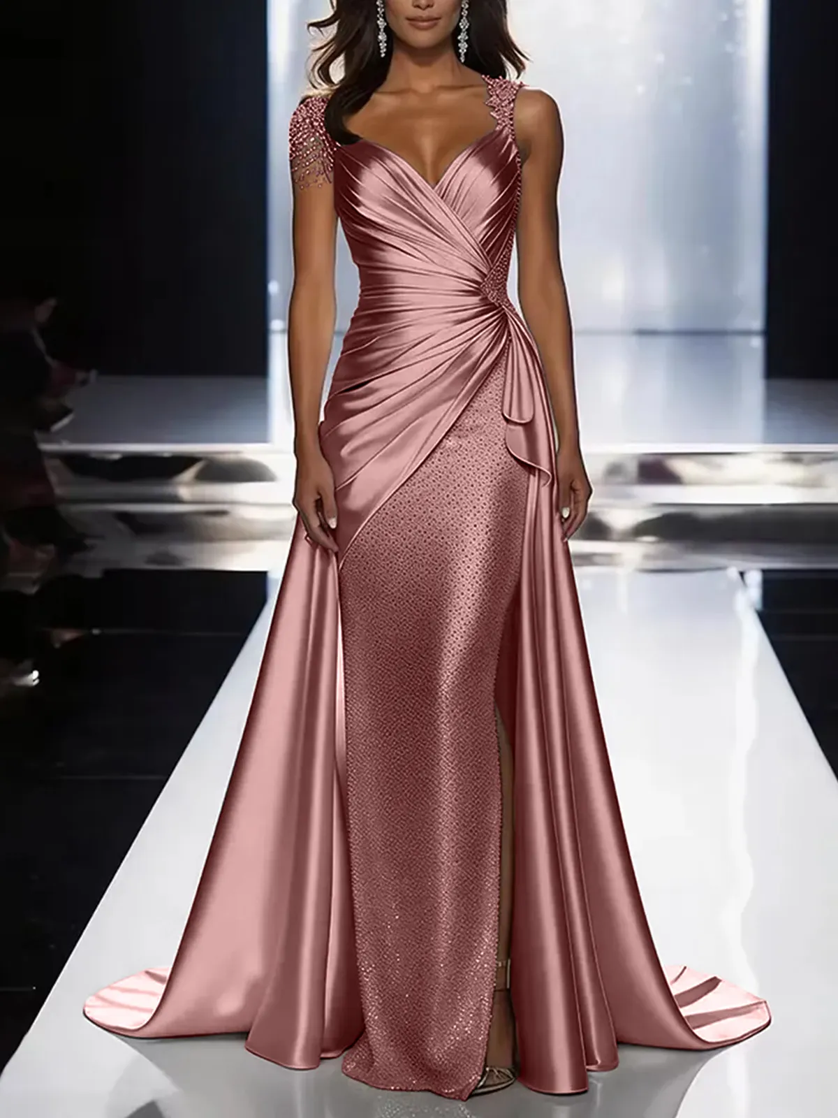Silver Grey Deep V-Neck Draped Satin Metallic Mermaid Maxi Dress