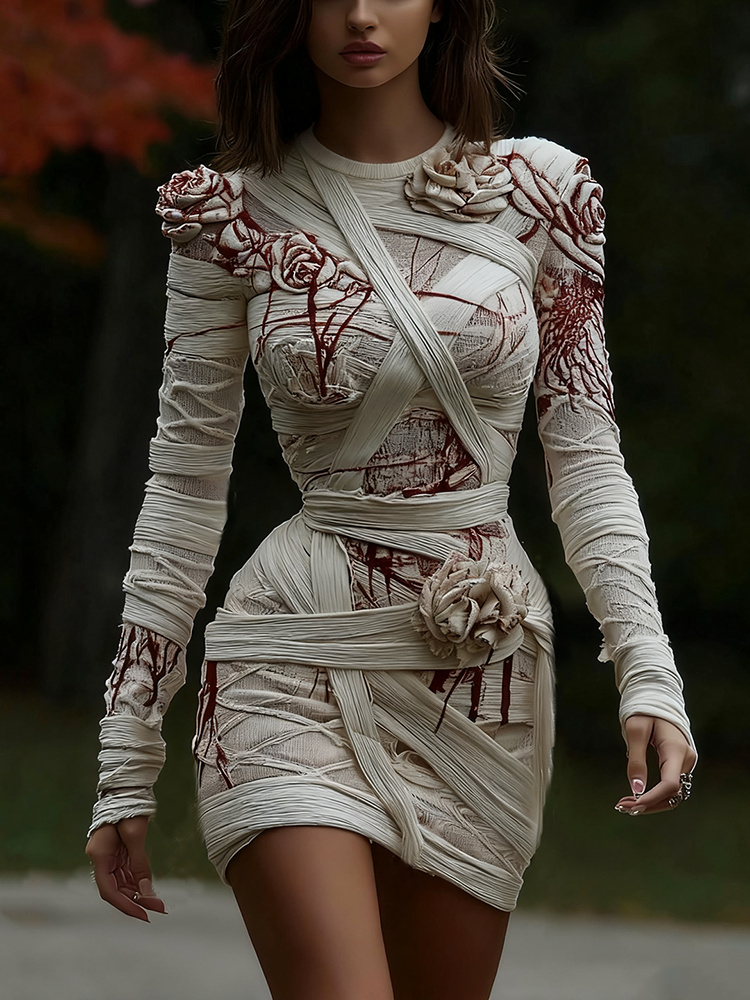 Women's Halloween Muscle Anatomy Bandage With Rose Art Cozy Knit Mini Sweater Dress