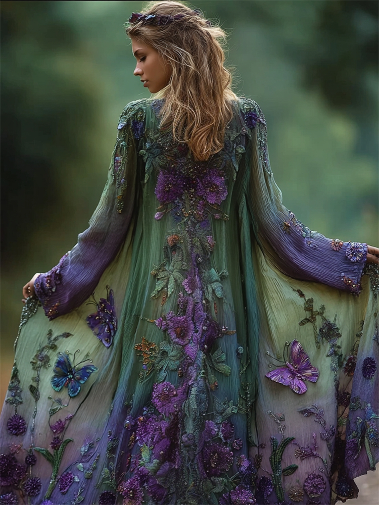 Forest Butterflies Floral Gradient Flowy Long Linen Cardigan