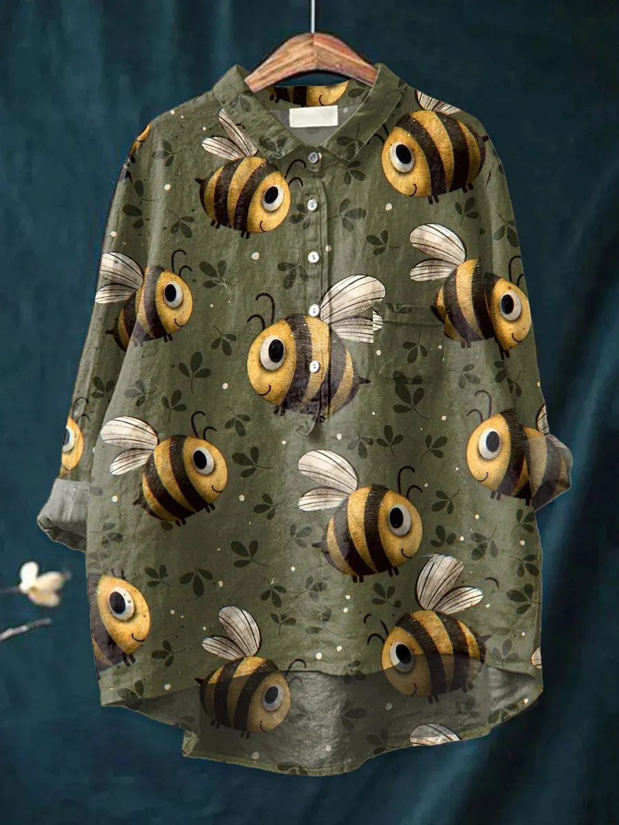 Funny Flower Bee Art Print Casual Cotton & Linen Shirt