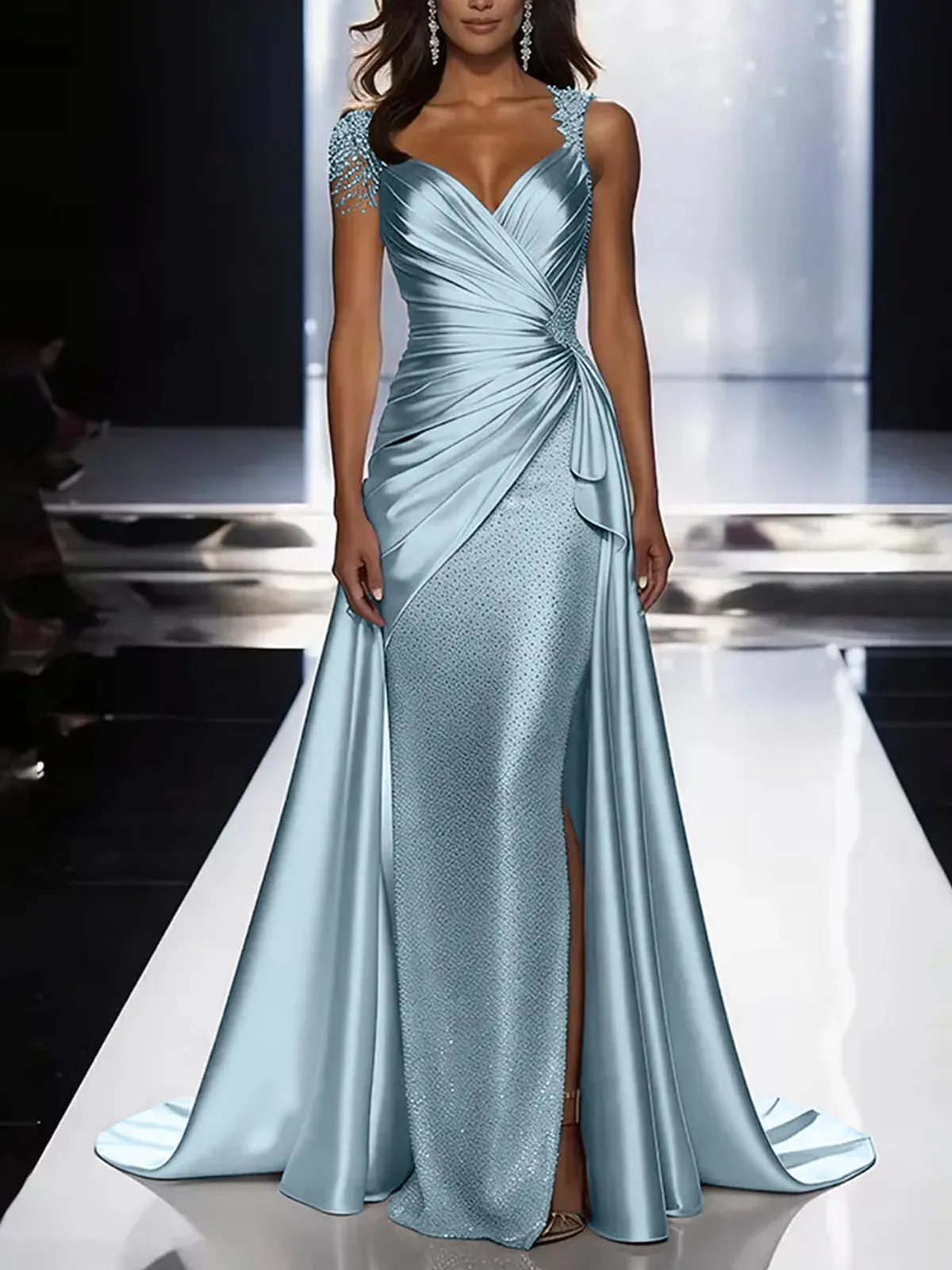 Silver Grey Deep V-Neck Draped Satin Metallic Mermaid Maxi Dress
