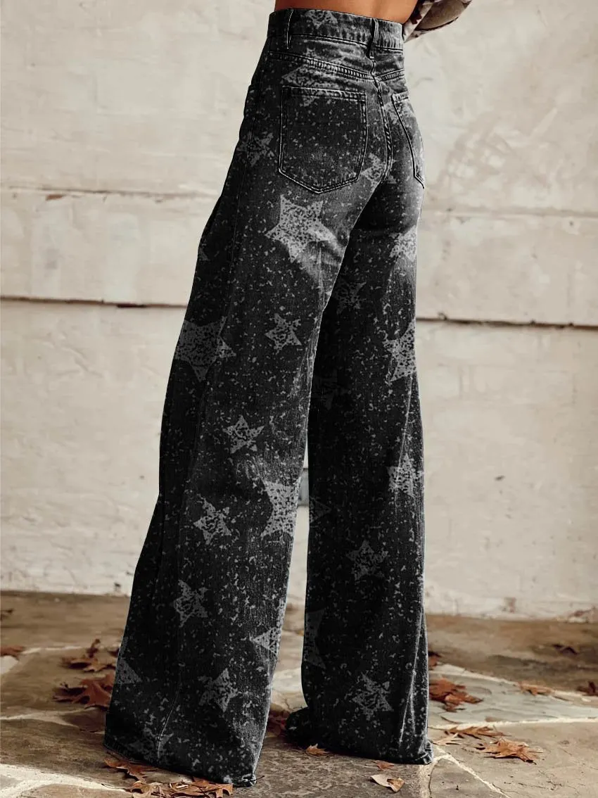 Black Grey Star Print Casual Wide-Leg Pants