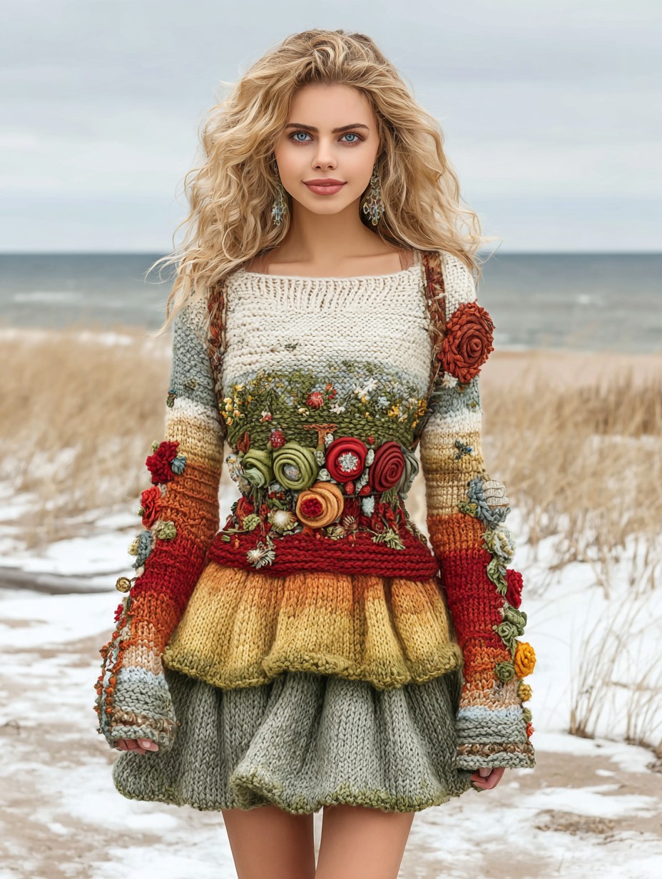 Vintage Floral Crochet Colorblock Cozy mini Sweater Dress